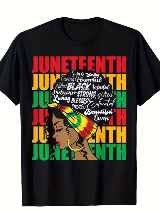 Tops - Juneteenth Black Queen Graphic Tee - Black with Red, Yellow, Green